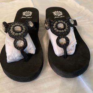 Yellow Box flip flops with stones